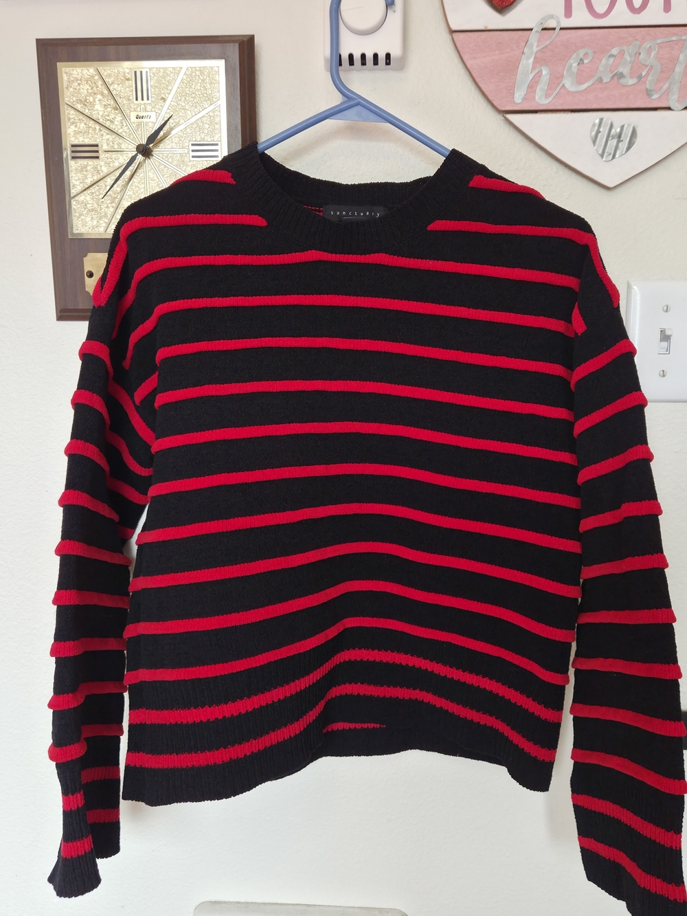 Womens Sanctuary Black & Red Striped Crewneck Sweater
